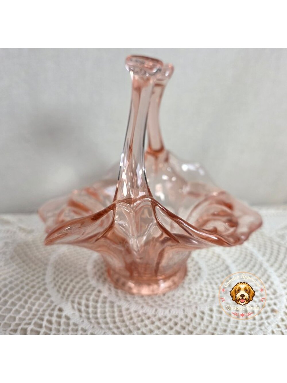 Vintage Pink Glass Basket With Handle Made In Italy 6 1/2" Diameter 6" Tall Eleg